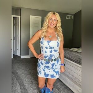 Show Me Your Mumu Blue Denim Tie Dye Denim Mini Halter Dress, size M